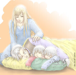  3boys aged_down blanket blonde_hair brothers dante_(devil_may_cry) devil_may_cry_(series) eva_(devil_may_cry) family father_and_son female imageboard_desourced mother_and_son multiple_boys non-web_source pillow saliva siblings silver_hair sleeping sparda vergil_(devil_may_cry) 