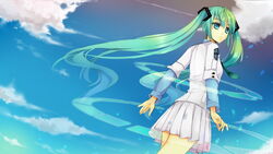  commentary_request echoayane female green_eyes green_hair hair_ornament hairclip hatsune_miku long_hair necktie project_diva project_diva_(series) school_(module) skirt solo twintails vocaloid 