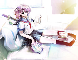  bed blue_eyes chips_(food) commentary_request eating ein_(long_cake) female food hair_bobbles hair_ornament katana kneehighs legs magazine_(object) mouth_hold original photoshop_(medium) pillow pink_hair potato_chips school_uniform serafuku shindan_maker short_hair skirt socks solo sword weapon 