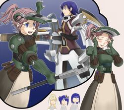  1boy 3girls ar_tonelico ar_tonelico_ii armor armored_dress blue_eyes blush brown_hair chroah_vatel chroche_latel_pastalie closed_eyes commentary_request glasses hair_ornament long_hair luca_truelywaath multiple_girls ponytail purple_hair short_hair sincere_(ar_tonelico) tk28 