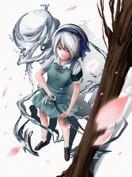  blue_eyes blue_hairband commentary_request female from_above ghost grey_hair hairband highres katana konpaku_youmu konpaku_youmu_(ghost) metalwasabi petals photoshop_(medium) short_hair solo standing sword texture touhou weapon white_hair 