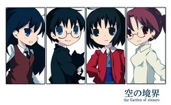  1boy 3girls aozaki_touko black_hair blue_eyes coat column_lineup commentary_request english_text feline glasses jacket japanese_clothes kara_no_kyoukai kimono kokutou_azaka kokutou_mikiya long_hair multiple_girls necktie obi ponytail red_eyes red_jacket ryougi_shiki sash school_uniform smile tsumura_z vest waistcoat 