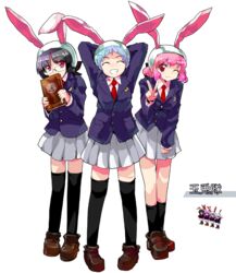  3girls alphes_(style) animal_ears blazer book commentary_request extra full_body highres jacket moon_rabbit_extra_(touhou) multiple_girls parody pfalz rabbit_ears reisen_(touhou_bougetsushou) short_hair silent_sinner_in_blue standing style_parody thighhighs touhou touhou_bougetsushou translated transparent_background 