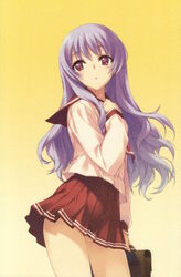  brown_eyes contrapposto female himekawa_kotone kawata_hisashi light_purple_hair long_hair long_sleeves purple_hair red_skirt sailor_collar school_uniform shirt simple_background skirt solo standing to_heart to_heart_(series) very_long_hair white_shirt yellow_background 