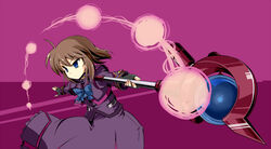  blue_bow blue_bowtie blue_eyes bow bowtie brown_hair commentary_request cowboy_shot female long_sleeves luciferion lyrical_nanoha mahou_shoujo_lyrical_nanoha mahou_shoujo_lyrical_nanoha_a&#039;s mahou_shoujo_lyrical_nanoha_a&#039;s_portable:_the_battle_of_aces md5_mismatch oda_masaru purple_background solo standing stern_the_destructor uniform 