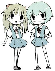  2girls ayanami_rei bow commentary_request kneehighs long_hair multiple_girls neon_genesis_evangelion school_uniform short_hair smile socks souryuu_asuka_langley tsumura_z 