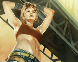  adjusting_hair armpits belt blonde_hair blue_eyes blue_mary close-up crop_top daniel_oduber fatal_fury female from_below midriff navel photoshop_(medium) realistic solo tank_top the_king_of_fighters 