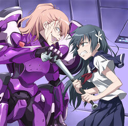  2girls agahari armor baseball_bat bending black_eyes black_hair blonde_hair blood blood_on_face commentary_request crushed crushing flower glasses hair_flower hair_ornament hand_up holding holding_baseball_bat injury long_hair metal_baseball_bat multiple_girls ponytail power_armor power_suit powered_suit_(toaru) robot sakugawa_school_uniform saten_ruiko school_uniform science_fiction serafuku skirt strong summer_uniform telestina_kihara_lifeline toaru_kagaku_no_railgun toaru_majutsu_no_index 