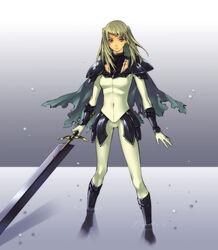  armor blonde_hair cape claymore_(series) commentary_request dietrich female gloves grey_eyes hachi-wa long_hair solo sword torn_clothes weapon 