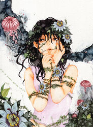  bad_id bad_pixiv_id black_hair blue_flower bondage bondage bound female flower hair_flower hair_ornament highres jellyfish original painting_(medium) passion_flower photoshop_(medium) pinkxxxna plant solo traditional_media vines watercolor_(medium) 