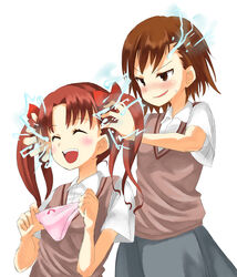  2girls bad_id bad_pixiv_id brown_eyes brown_hair electricity electrokinesis holding holding_clothes holding_panties holding_underwear long_hair misaka_mikoto multiple_girls nekomatagi panties school_uniform shirai_kuroko short_hair summer_uniform sweater_vest toaru_kagaku_no_railgun toaru_majutsu_no_index tokiwadai_school_uniform twintails underwear 