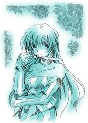  bare_shoulders blue_theme commentary_request detached_sleeves dress earrings female jewelry knife long_hair monochrome ratchet_altair sakura_taisen sakura_taisen_v shimanda solo 