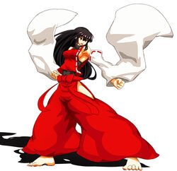  armpits atomic-ray bare_hips bare_shoulders barefoot black_hair breasts commentary_request detached_sleeves female fighting_stance hakama hakama_pants japanese_clothes long_hair long_sleeves m.u.g.e.n medium_breasts nontraditional_miko original pants red_hakama red_pants sendai_hakurei_no_miko sideboob solo touhou wide_sleeves yellow_eyes 