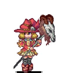  animated animated blonde_hair exet female full_body hat horns idle_animation lowres monster_girl monster_girl_encyclopedia pixel_art purple_eyes skull sprite staff standing transparent_background witch witch_(monster_girl_encyclopedia) witch_hat 