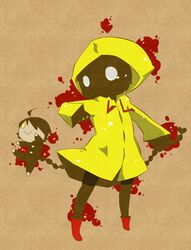  araragi_koyomi bakemonogatari blood boots commentary_request doll entrails female glowing glowing_eyes highres kanbaru_suruga monogatari_(series) organs raincoat rainy_devil rubber_boots solo tsumura_z yellow_raincoat 