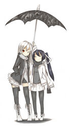  2girls arm_up bad_id bad_pixiv_id closed_eyes ganesagi highres holding holding_umbrella multiple_girls one_eye_closed pixiv_shadow red_eyes scarf shared_clothes shared_scarf shared_umbrella thighhighs twintails umbrella white_hair 