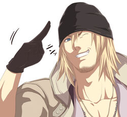  1boy beanie blonde_hair commentary_request final_fantasy final_fantasy_xiii gloves grin hat kamakiri male_focus one_eye_closed salute smile snow_villiers solo 