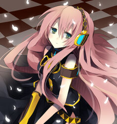  aqua_eyes bad_id bad_pixiv_id checkered female hanepochi headphones highres long_hair megurine_luka petals pink_hair solo vocaloid 