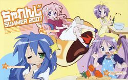  4girls absurdres ahoge apron blue_hair blush glasses green_eyes highres hiiragi_kagami hiiragi_tsukasa izumi_konata long_hair lucky_star mole mole_under_eye multiple_girls official_art photoshop_(medium) pink_hair purple_eyes purple_hair ribbon scan short_hair takara_miyuki twintails yamada_naoko 