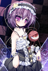  alternate_costume bare_shoulders checkered commentary_request curtsey eyeball female frills futase_hijiri gothic_lolita hairband heart komeiji_satori lolita_fashion purple_eyes purple_hair short_hair skirt_hold solo third_eye touhou wrist_cuffs 