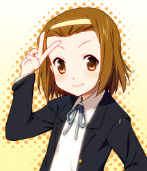  brown_eyes brown_hair commentary_request female hairband k-on! natsukon photoshop_(medium) sakuragaoka_high_school_uniform school_uniform short_hair solo tainaka_ritsu v 