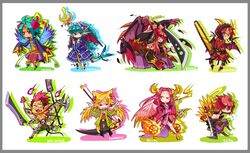  2girls 6+boys armor bad_id bad_pixiv_id beelzebub_(mygrimoire) belial_(mygrimoire) belphegor_(mygrimoire) blonde_hair blue_hair chainsaw chibi dress drill_hair fork frills hakama hakama_skirt halo horns japanese_armor japanese_clothes kusazuri kyousaku leviathan_(mygrimoire) long_hair lucifer_(mygrimoire) mammon_(mygrimoire) monster_girl multiple_boys multiple_girls mygrimoire oni pink_hair purple_hakama red_eyes red_hair satan_(mygrimoire) scythe short_hair skirt smile sword weapon wings 