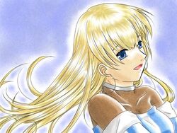  blonde_hair blue_eyes commentary_request female long_hair lowres nira_(nira1230) ratchet_altair sakura_taisen sakura_taisen_v smile solo 