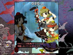  !? 3girls bad_id bad_pixiv_id bow brown_hair camera crow_tengu_extra_(touhou) double_spoiler fake_screenshot geta hairbow hat microphone multiple_girls nowaki_kine nowaki_tai original parody shameimaru_aya short_hair style_parody tengu-geta tottema touhou translated zun_(style) 