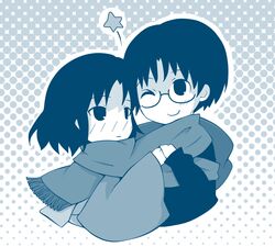  1boy blue_background blue_theme blush commentary_request couple female glasses halftone halftone_background holding_hands japanese_clothes kara_no_kyoukai kimono kokutou_mikiya monochrome one_eye_closed ryougi_shiki scarf shared_clothes shared_scarf star_(symbol) straight tsumura_z 