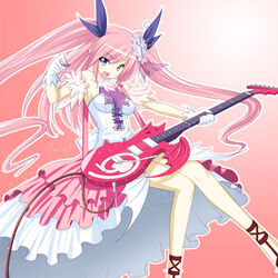  chu_x_chu_idol chua_churam commentary_request dress electric_guitar female gloves guitar heterochromia instrument long_hair mtu_(orewamuzituda) open_mouth photoshop_(medium) pink_hair solo twintails white_gloves wings 