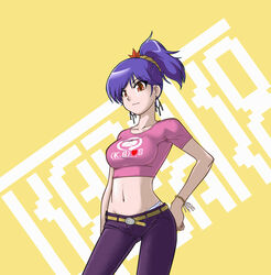  alternate_costume alternate_hairstyle babydoll_t-shirt belt blue_hair bracelet brown_eyes casual commentary_request contemporary crop_top cropped_shirt female hair_ornament hand_on_own_hip iwatobi_hiro jewelry leaf_hair_ornament midriff navel panties ponytail shirt solo taut_clothes taut_shirt thong touhou underwear white_panties yasaka_kanako 