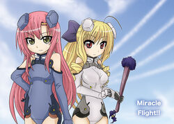  2girls :| ahoge bare_shoulders bell blonde_hair blue_gloves blue_leotard bow closed_mouth cloud commentary_request contrail cosplay cowboy_shot day drill_hair elbow_gloves english_text gloves green_eyes grey_leotard hair_ornament hairbow hairclip halterneck hayate_no_gotoku! headgear high_ponytail holding ichijou_eika ichijou_eika_(cosplay) itou_shizuka jingle_bell katsura_hinagiku kawasumi_ayako leotard long_hair looking_at_viewer motion_slit multiple_girls outdoors parody pilot_suit pink_hair ponytail red_eyes sakurano_otoha sakurano_otoha_(cosplay) sidelocks sky sky_girls tennousu_athena tokidome_zamao turtleneck twin_drills v-shaped_eyebrows very_long_hair voice_actor_connection white_gloves 