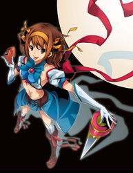  :p alternate_costume bad_id bad_pixiv_id boots brown_eyes brown_hair female from_above full_body gloves hairband highres magical_girl midriff navel orange_hairband perspective ribbon short_hair solo superheroine_haruhi suzumiya_haruhi suzumiya_haruhi_no_tomadoi suzumiya_haruhi_no_yuuutsu sword thigh_boots thighhighs tongue tongue_out warrior weapon yamanami_kousuke 