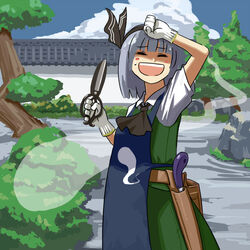  :d =_= aka-kabuto_no_gema apron black_hairband blush_stickers commentary_request female garden gardening gardening_shears ghost gloves grey_hair hairband konpaku_youmu konpaku_youmu_(ghost) open_mouth pruning_shears rock_garden shears short_hair smile solo sweat touhou wiping wiping_forehead 