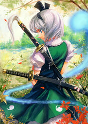  black_hairband blue_eyes commentary_request female ghost grey_hair hairband highres hitodama katana konpaku_youmu konpaku_youmu_(ghost) photoshop_(medium) short_hair solo sword touhou weapon zhenlin 