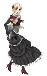  armpits blonde_hair breasts commentary_request coyote_ragtime_show dress elbow_gloves female gloves gun high_heels january_(coyote_ragtime_show) long_hair medium_breasts purple_eyes rifle scharfschutze shoes sideboob solo weapon 