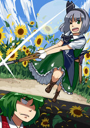  2girls aka-kabuto_no_gema boots commentary_request cross-laced_footwear field flower flower_field gardening gardening_shears ghost gloves green_eyes green_hair grey_hair hair_over_one_eye hairband hedge_trimmer kazami_yuuka konpaku_youmu konpaku_youmu_(ghost) lace-up_boots light_trail multiple_girls one_eye_closed petals plaid plaid_vest shaded_face short_hair sunflower sunflower_field touhou vest 