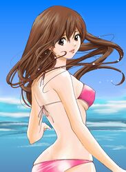  bikini brown_eyes brown_hair commentary_request dead_or_alive female hybrid_cat kasumi_(doa) long_hair looking_back pink_bikini solo swimsuit 