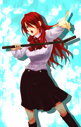  bad_id bad_pixiv_id boots bow female gekkoukan_high_school_uniform highres kirijou_mitsuru knee_boots lead_pipe long_hair matano_maya open_mouth persona persona_3 pointing red_eyes red_hair ribbon school_uniform skirt solo 