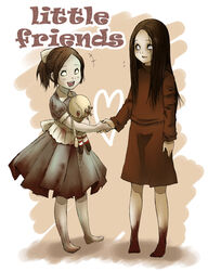  2girls :d alma_(f.e.a.r.) animification barefoot bioshock_(series) bioshock_2 black_hair commentary_request crossover doll dress english_text f.e.a.r. full_body glowing glowing_eyes handshake heart km_yama little_sister_(bioshock) long_hair multiple_girls no_pupils open_mouth short_ponytail smile trait_connection yellow_eyes 