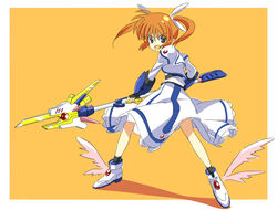  bad_id bad_pixiv_id banzai_nekomimi boots brown_hair female full_body hair_ribbon lyrical_nanoha mahou_shoujo_lyrical_nanoha mahou_shoujo_lyrical_nanoha_the_movie_1st open_mouth purple_eyes raising_heart raising_heart_(cannon_mode) ribbon solo staff takamachi_nanoha takamachi_nanoha_(movie_1st_mode) twintails weapon wings 