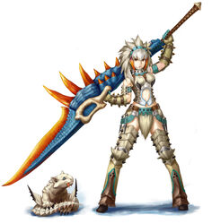  armor barioth barioth_(armor) belt commentary_request female left-handed monster_hunter_(character) monster_hunter_(series) navel photoshop_(medium) shigumo_(shigeru) solo switch_axe sword weapon white_hair 