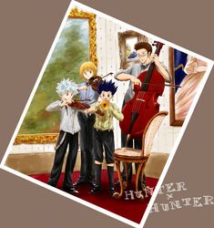  4boys blonde_hair bow_(music) brown_hair cello chair commentary_request glasses gon_freecss highres hunter_x_hunter instrument killua_zoldyck kurapika leorio_paladiknight male_focus multiple_boys si_sya_mo spiked_hair trumpet violin white_hair 