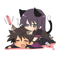  2boys amazu_(tokyo) animal_ears biting black_eyes black_hair cat_ears cat_tail chibi commentary_request ear_biting kemonomimi_mode long_hair multiple_boys oerba_yun_fang photoshop_(medium) ponytail raven_(tales) tail tales_of_(series) tales_of_vesperia white_background yuri_lowell 