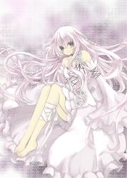  bandages barefoot braid commentary_request detached_sleeves dress female flower lampnote17 long_hair pandora_hearts rose smile solo very_long_hair white_hair will_of_the_abyss 