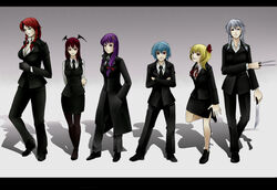  6+girls arms_behind_back blonde_hair blue_eyes blue_hair bow braid breasts cleavage cleaver coat commentary_request crescent flandre_scarlet formal ghost_in_the_shell ghost_in_the_shell_lineup ghost_in_the_shell_stand_alone_complex gloves grey_hair grin hairbow head_wings highres hong_meiling izayoi_sakuya knife koakuma large_breasts lineup long_hair medium_breasts multiple_girls necktie no_headwear no_wings oerba_yun_fang pant_suit pants pantyhose parody patchouli_knowledge purple_eyes purple_hair red_eyes red_hair remilia_scarlet short_hair side_ponytail skirt skirt_suit smile standing standing_on_one_leg suit touhou trench_coat twin_braids vest waistcoat wings yukichi_(bancho99) 