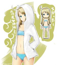  ahoge bikini blonde_hair blue_eyes chibi commentary_request female flat_chest highres hood hoodie jacket kenshin_(kenshin3) original self-portrait shindan_maker swimsuit 