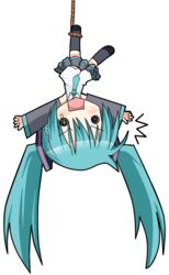  aqua_hair chibi commentary_request detached_sleeves female full_body hanging hatsune_miku long_hair necktie niboss partial_commentary rope skirt snare solo teardrop thighhighs transparent_background twintails upside-down vocaloid 