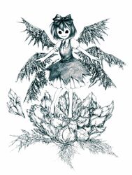  bad_id bad_pixiv_id barefoot blue_theme bow cirno dress empty_eyes female flower frozen full_body hairbow horror_(theme) ice ice_wings kurosaki_(niggurath) monochrome no_nose outstretched_arms short_hair simple_background smile solo spread_arms standing touhou white_background wings 