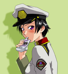  black_hair blush commentary_request drinking female gundam gundam_seed hat juice kazemal lips military military_hat military_uniform natarle_badgiruel photoshop_(medium) purple_eyes short_hair solo uniform 